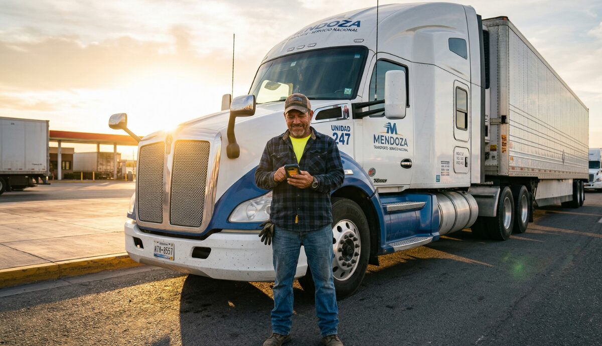 Operador frente a su tractocamión al atardecer